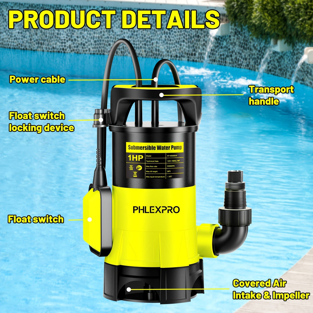 Submersible Sump Pump 1HP 5300GPH 750W with Float Switch 26ft Cord for Pool Pond Basement Garden — image 3