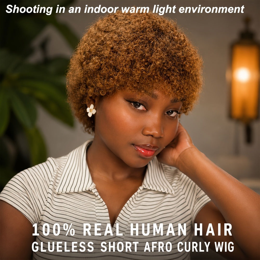 6-Inch Kinky Curly Afro Human Hair Wig with Glueless Cap and Deep Grey, Camel or Ginger Color — image 5