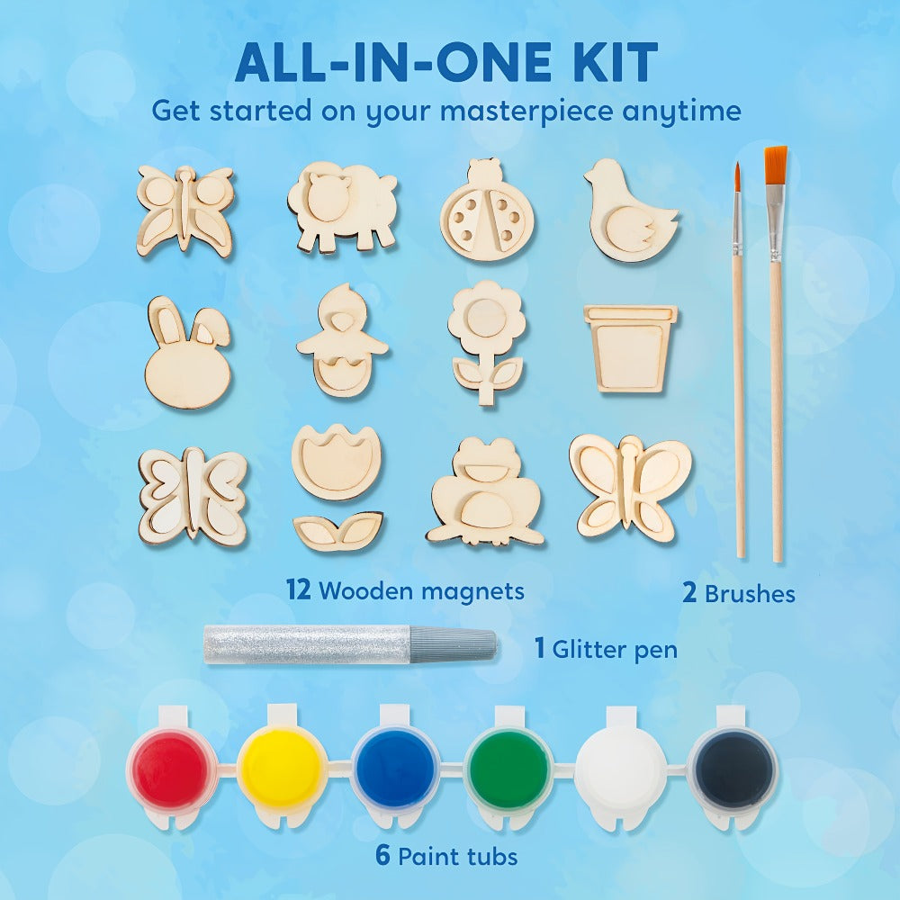 Wooden Magnet Painting Craft Kit, 12-Piece Nature Shape Set with Six Paint Tubs, Brushes and Glitter Pen — image 3