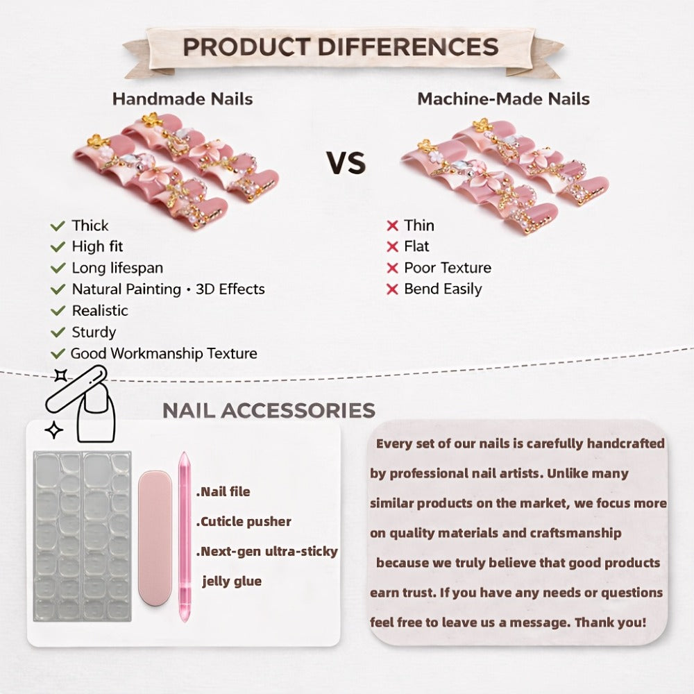 Press On Nails 10-Piece Short Duck-Tip Acrylic Set with Cherry, Bee, Flower, Cross and Star Designs — image 9