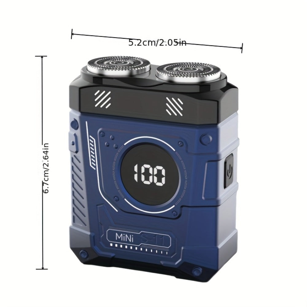 Compact Mecha-Green Dual-Rotary Electric Shaver with Front Battery Display and USB Cable Pictured — image 6
