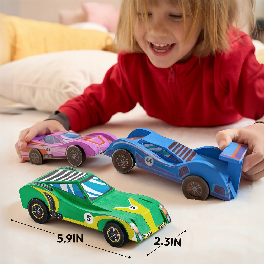 DIY Wooden Race Cars 4pcs Build & Paint Kit for Kids Ages 8+, 44 Pre-Cut Pieces 12 Colors Racing Stickers — image 2