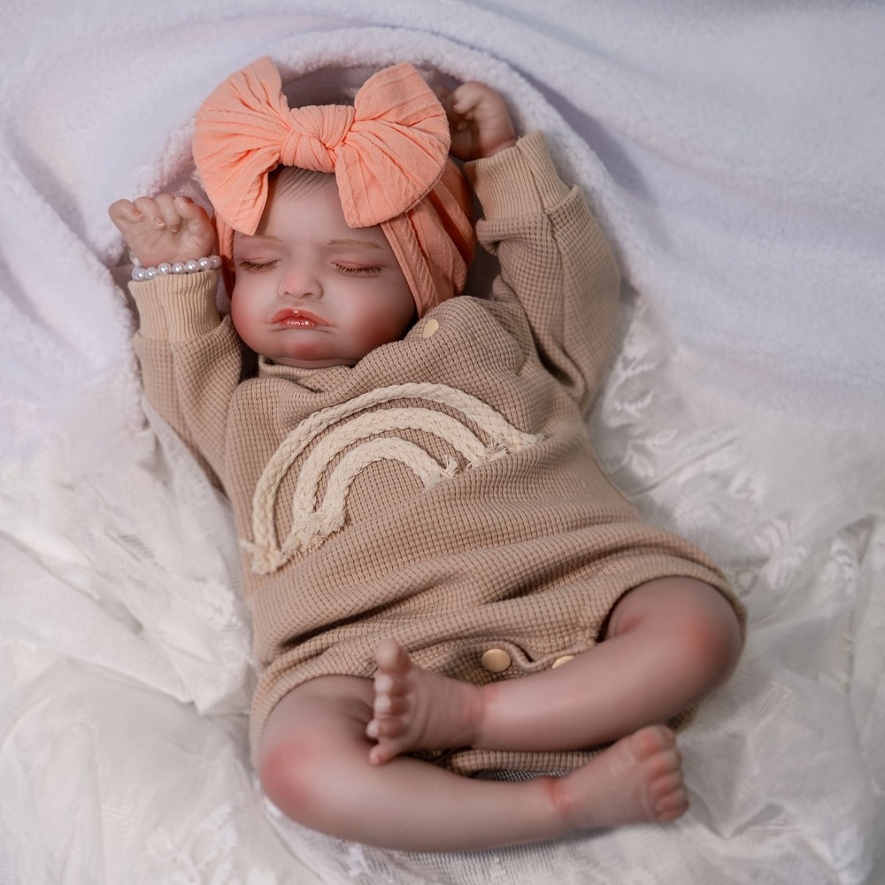 Reborn Baby Doll 20-Inch Sleeping Soft Cloth Body with Striped Outfit, Bow Headband and Feeding Accessories — image 3