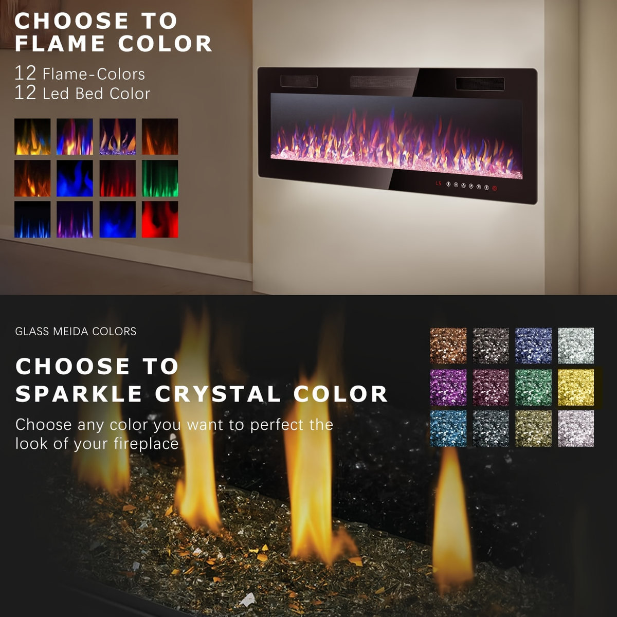 Wall Mounted Electric Fireplace Recessed In-Wall Linear Heater Multicolor Flame 750W/1500W Touch Screen for Garden, Patio and