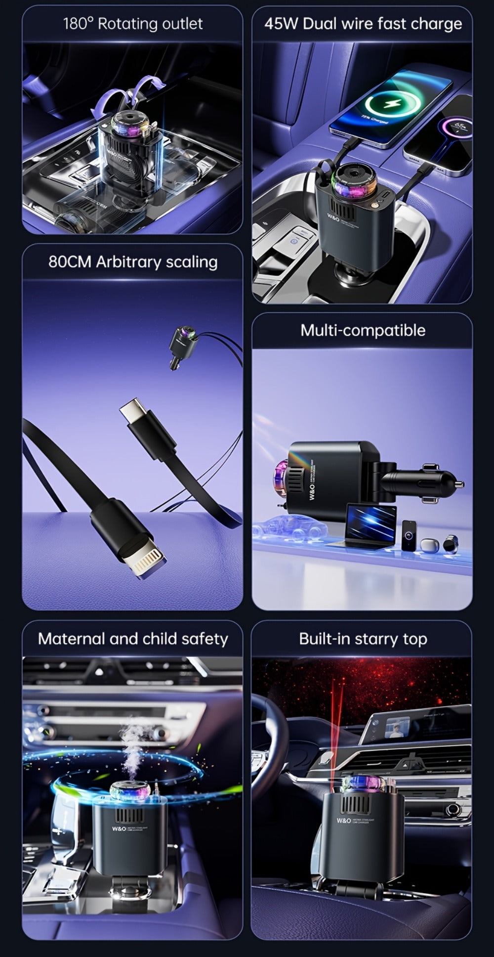 3-in-1 Car Charger, Air Freshener & Starry Sky Ceiling Light – Retractable Type-C & Lightning Cable, Aromatherapy Perfume — i