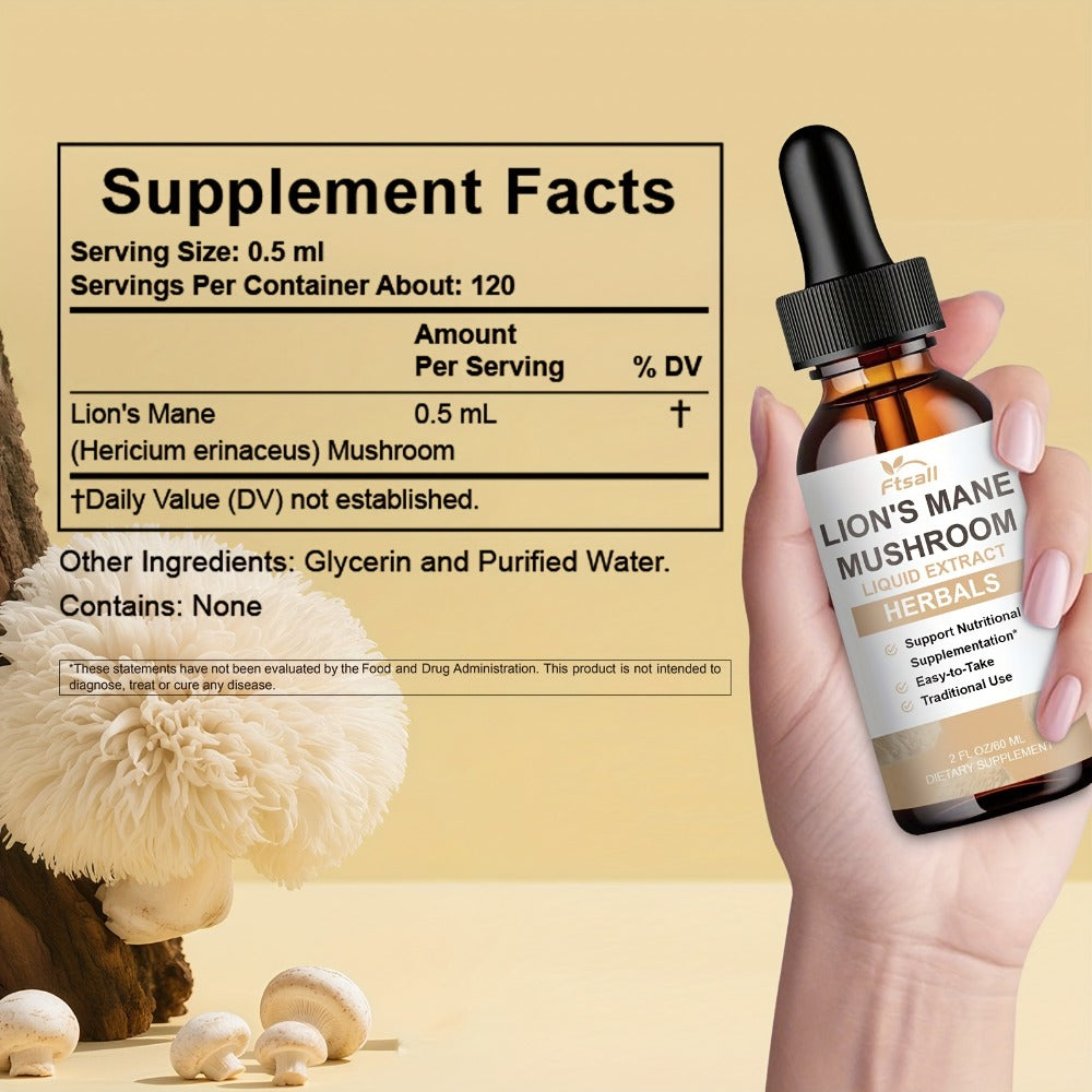 Lion's Mane Mushroom Liquid Drops 2fl oz Natural Herbal Extract for Brain Support, Focus, Memory & Cognitive Clarity for Men 