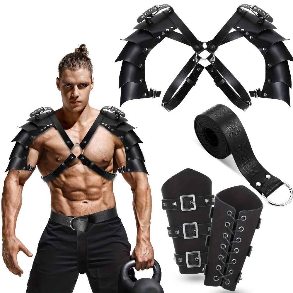 Costume Accessories 4-Piece Medieval Armor Set with Shoulder Cape, Arm Guards and Belt in Black — image 1
