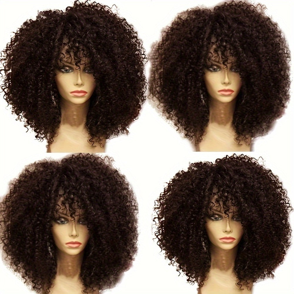 Synthetic Wig 16-Inch Kinky Curly Afro with Bangs in Color 1B and Elastic Cap for Parties and Cosplay — image 2