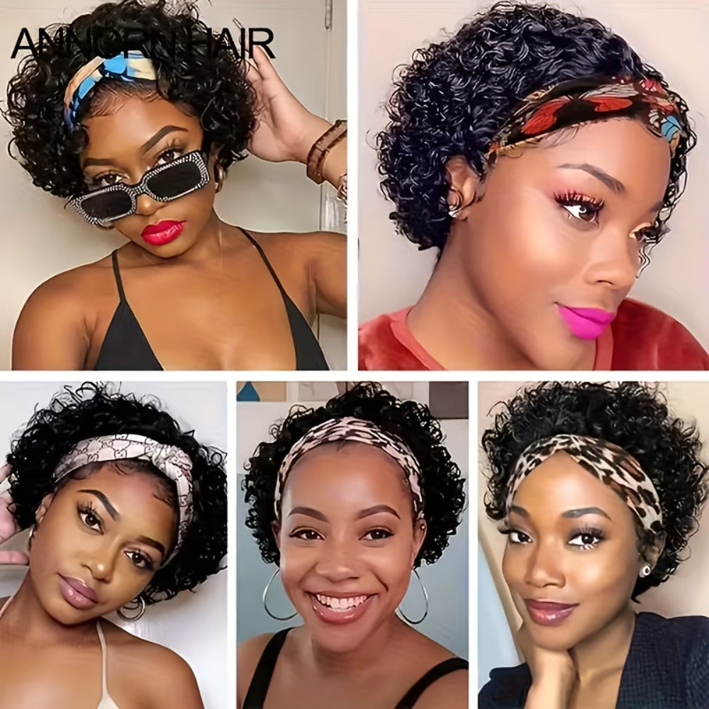Kinky Curly Headband Wig Human Hair Brazilian 150% Density Glueless 6 Inch | No Glue No Gel Black Burgundy Rust | Beginner Fr