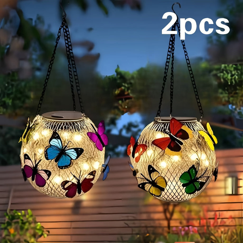 Solar Outdoor Lights 2-Pack Metal Butterfly Hanging Lanterns in Warm White or Multicolor for Porch Decor — image 3