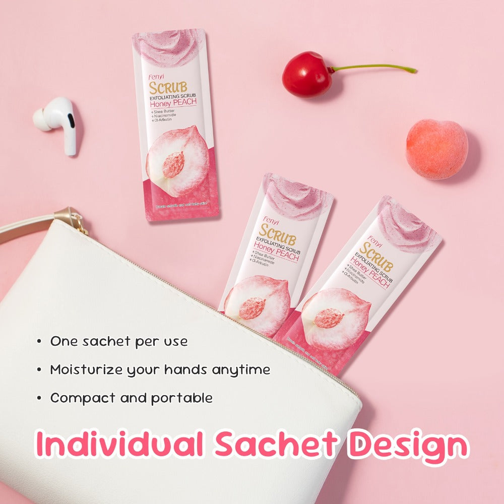 Peach Body Scrub with Jojoba Beads, Fifty 0.11oz Travel Sachets for Foot and Body Care at Home — image 6