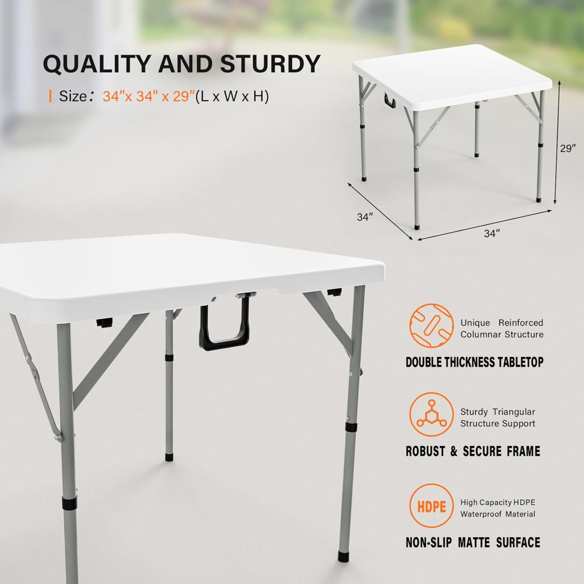 Portable Square Bi-Fold Table with Carry Handle in Black or White, Approximately 34 Inches Wide — image 9