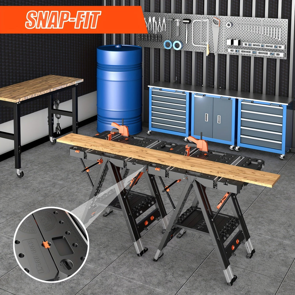 Folding Workbench 2-in-1 Portable Work Table, Height-Adjustable Sawhorse Workbench with 4 Woodworking Clamps — image 3
