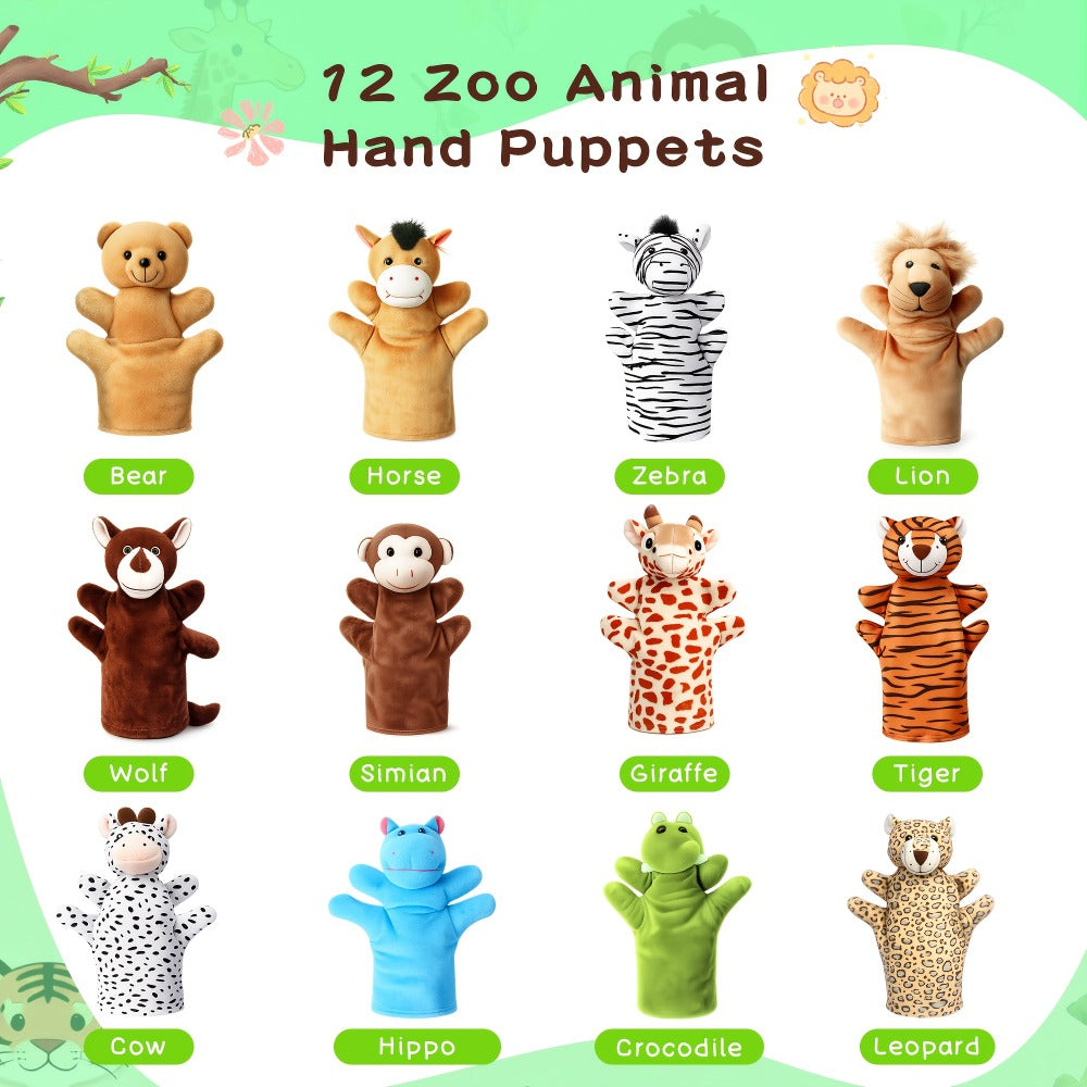 Twelve-Piece Zoo Animal Hand Puppet Set with Bear, Zebra, Lion, Giraffe, Hippo and More Designs — image 3