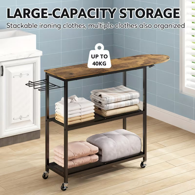 3-Layer Ironing Board Cart with Shelves and Rolling Wheels