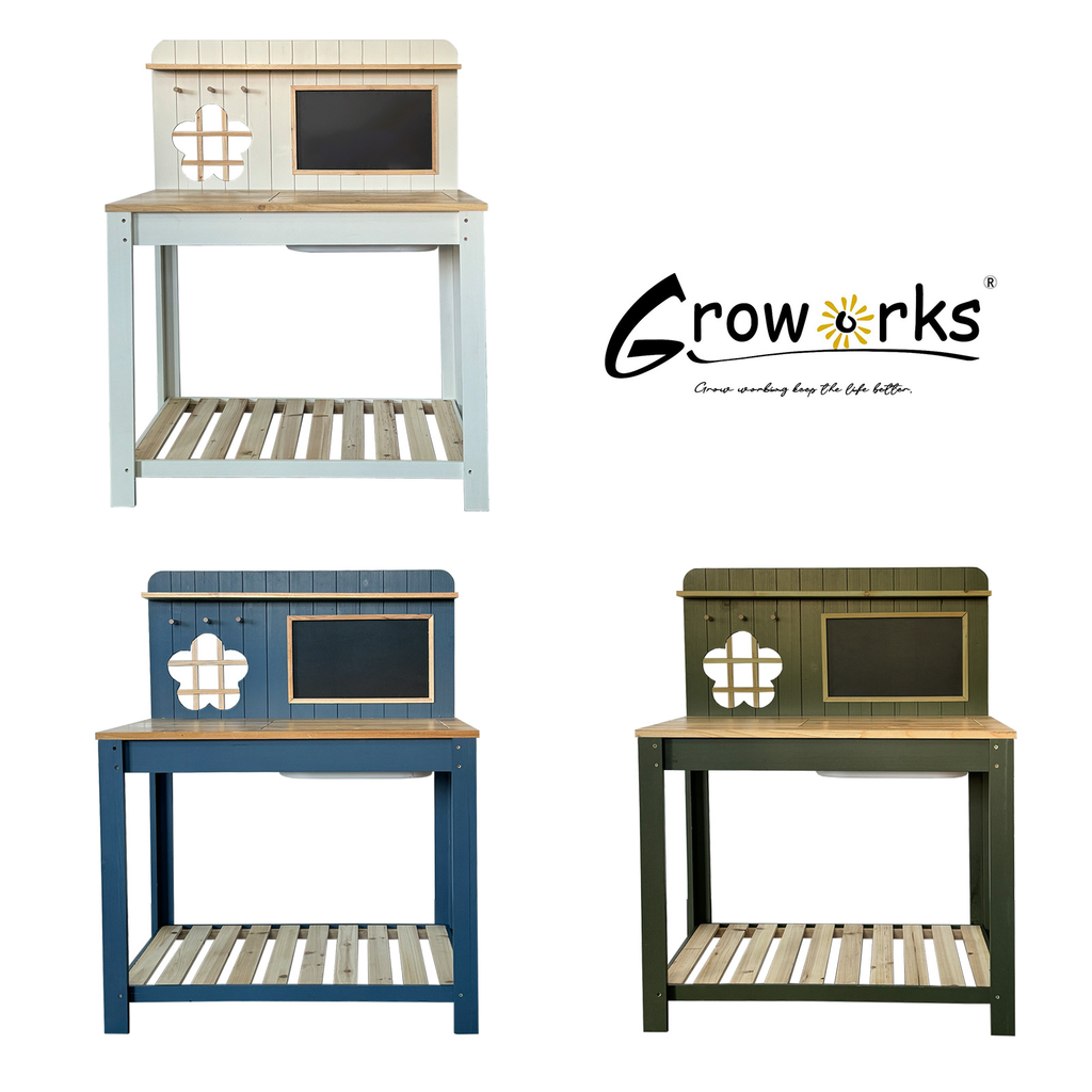 Potting Bench with Blackboard Removable Sink Hooks Double Shelf for Garden — image 26