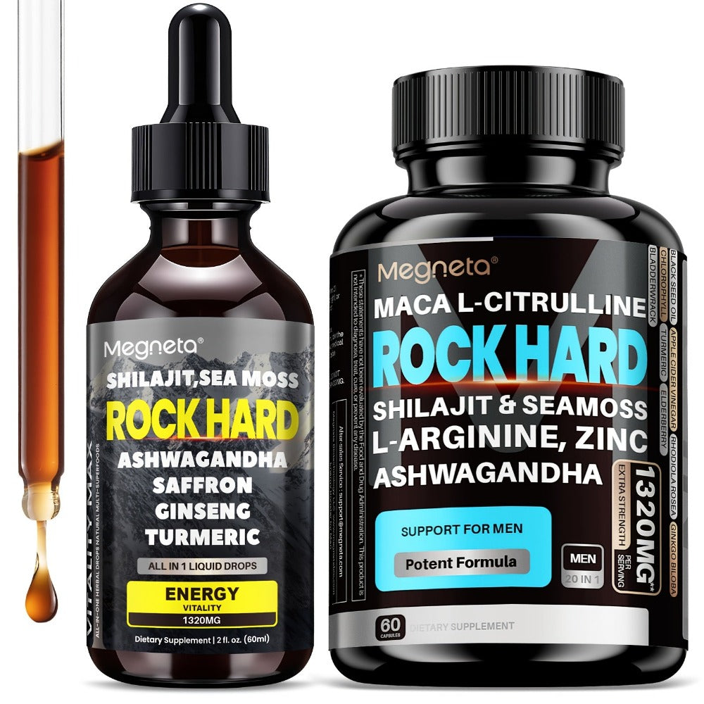 Two-Piece Men's Health Supplement Set with One Capsule Bottle and One Liquid Dropper Bottle in Coordinated Packaging — image 