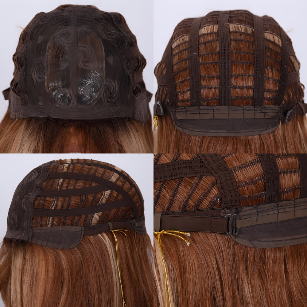 Synthetic Wig 24-Inch Light Brown Body Waves with Golden Highlights, Bangs and Rose Net Cap — image 6