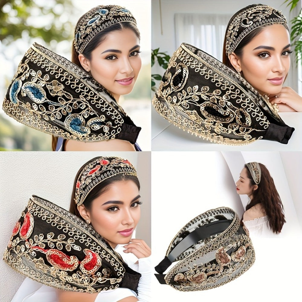 Lace Sequin Flower Headbands for Women 2pcs Wide Non-Slip Boho Retro Embroidered Hair Hoops for Daily Wear Spring Summer Wedd