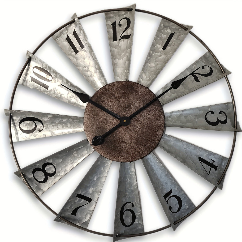 24-Inch Windmill-Style Metal Wall Clock with Galvanized-Look Silver Blades and Brown Analog Center — image 1