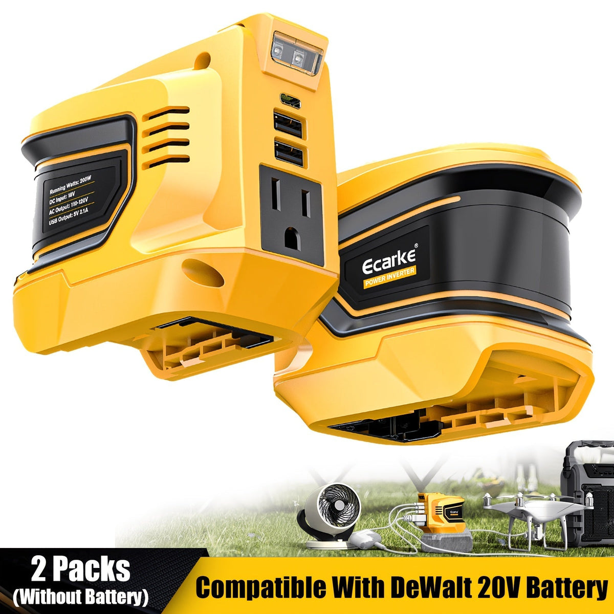 Battery Inverter for Dewalt 20V & 18V - 200W/350W/550W DC to AC 110V, USB, Type-C & AC Outlet, LED Work Light — image 3