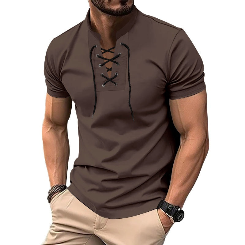Men's Thin V-neck V-tie Casual Sporty Short Sleeve