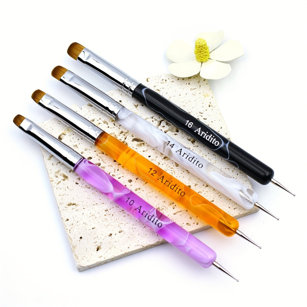 Nail Art Brush Set 4pcs Fine Tip Detail Brushes with Dotting Tool – Nylon Bristle Precision Manicure Brushes #10 #12 #14 #16 