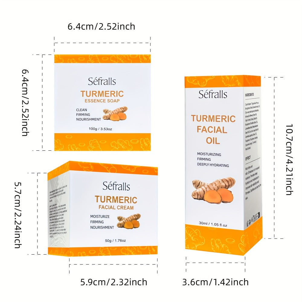 Turmeric Skincare Set 3 Pcs – Turmeric Face Cream, Facial Soap & Essential Oil Kit for Deep Pore Cleansing, Brightening & Moi