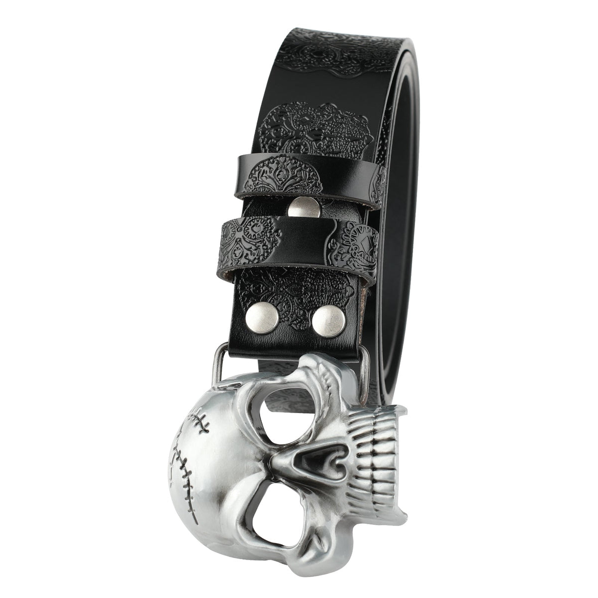 Leather Belt With Embossed Ghost Head Design And Smooth Skull Buckle