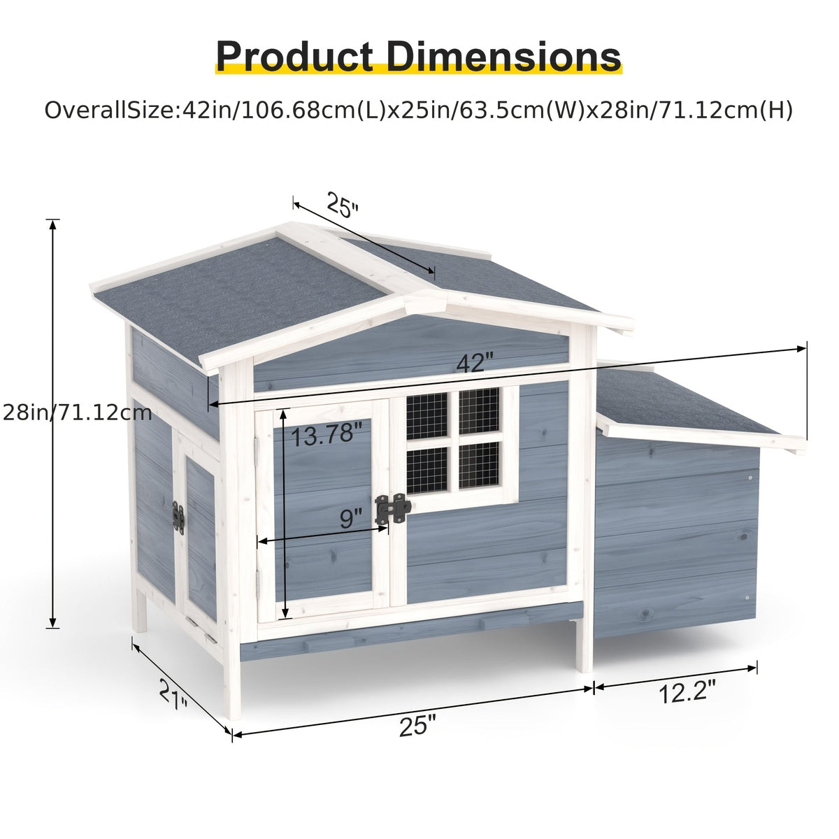 Hen House Outdoor Wooden Chicken Coop with Nesting Box Ramp Removable Tray Elevated Design Fir Wood for Garden, Patio and Yar