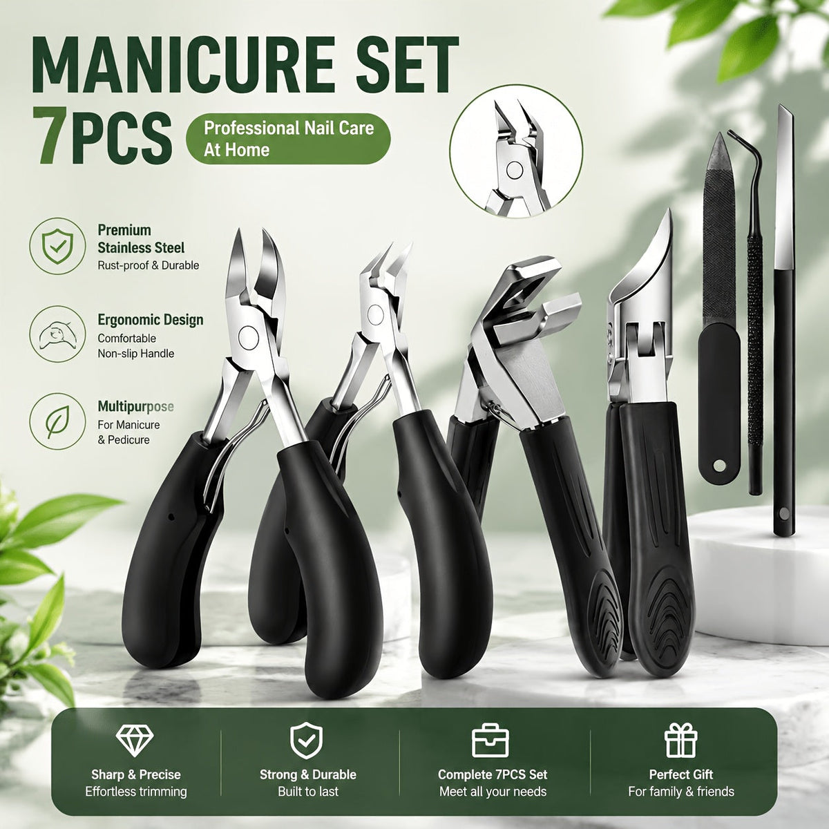 Nail Clipper Kit 7 Piece Heavy Duty for Men Professional Stainless Steel Thick Toenail Care Set – Nail File Cuticle Clipper E