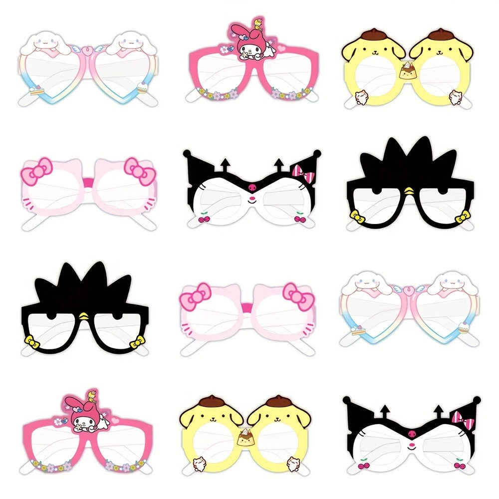 Sanrio Photo Booth Glasses Props 12 Pcs Hello Kitty Kuromi My Melody Cinnamoroll Gudetama for Parties, Celebrations and Guest
