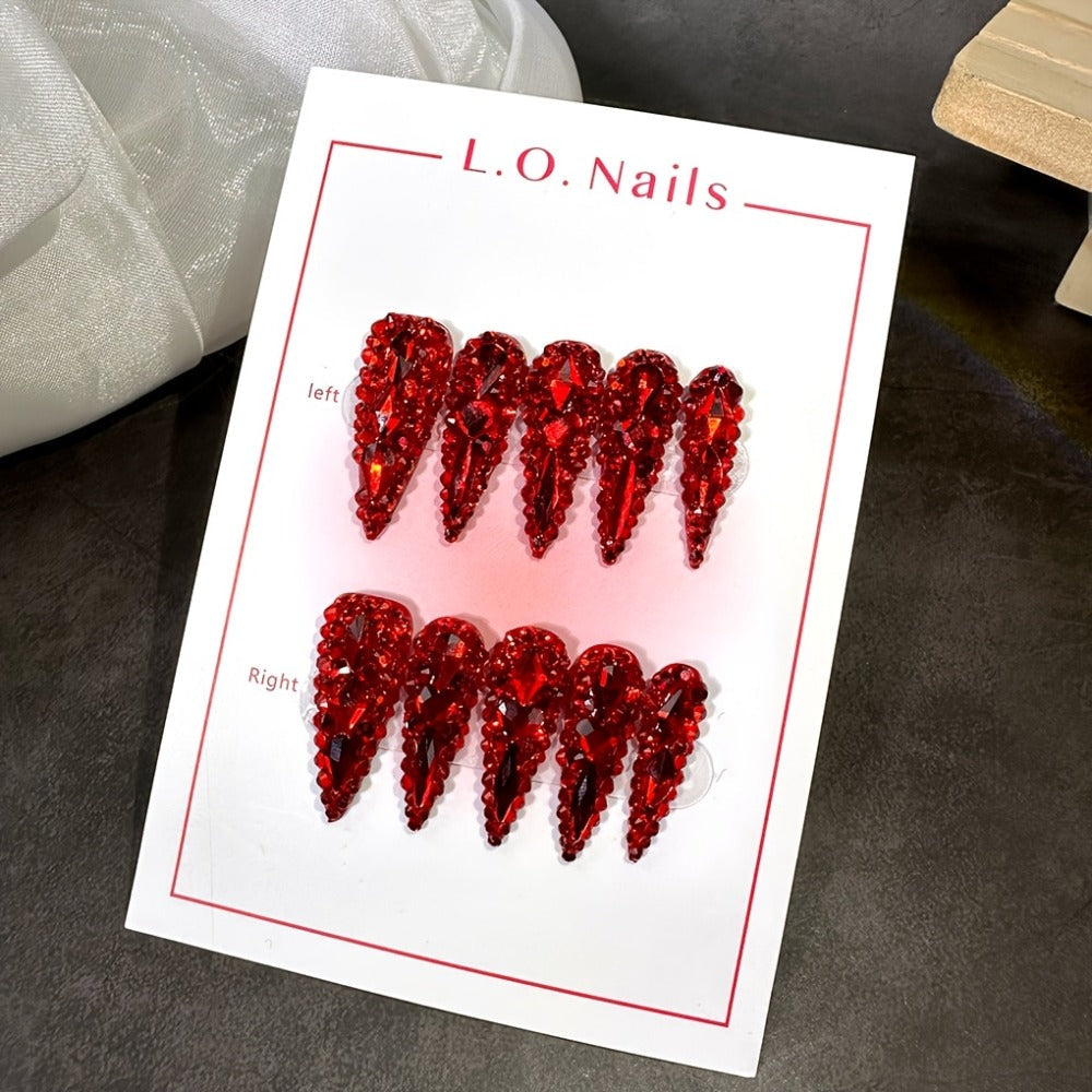 Press On Nails 10-Piece Long Water-Drop Set with Red Glass Glitter and Removable Self-Adhesive Gel Tabs — image 7