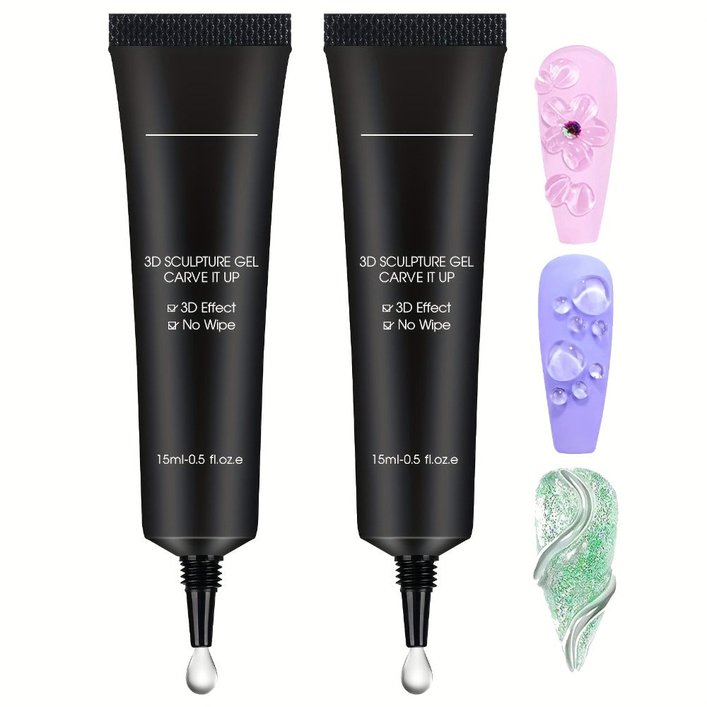 No Wipe Clear 3D Nail Sculpting Gel 2pcs 0.51oz DIY Carving Gel for Raised 3D Designs Flowers Swirls Painting Decoration UV L