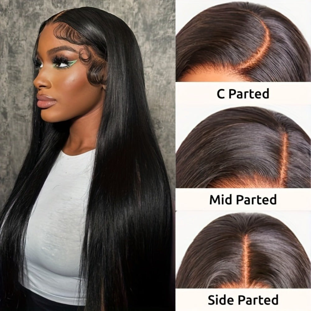 Glueless Straight Human Hair Wig 4x4 Lace Closure Pre-Plucked Natural Hairline Versatile Parting Natural Black 12-28 Inch Wom