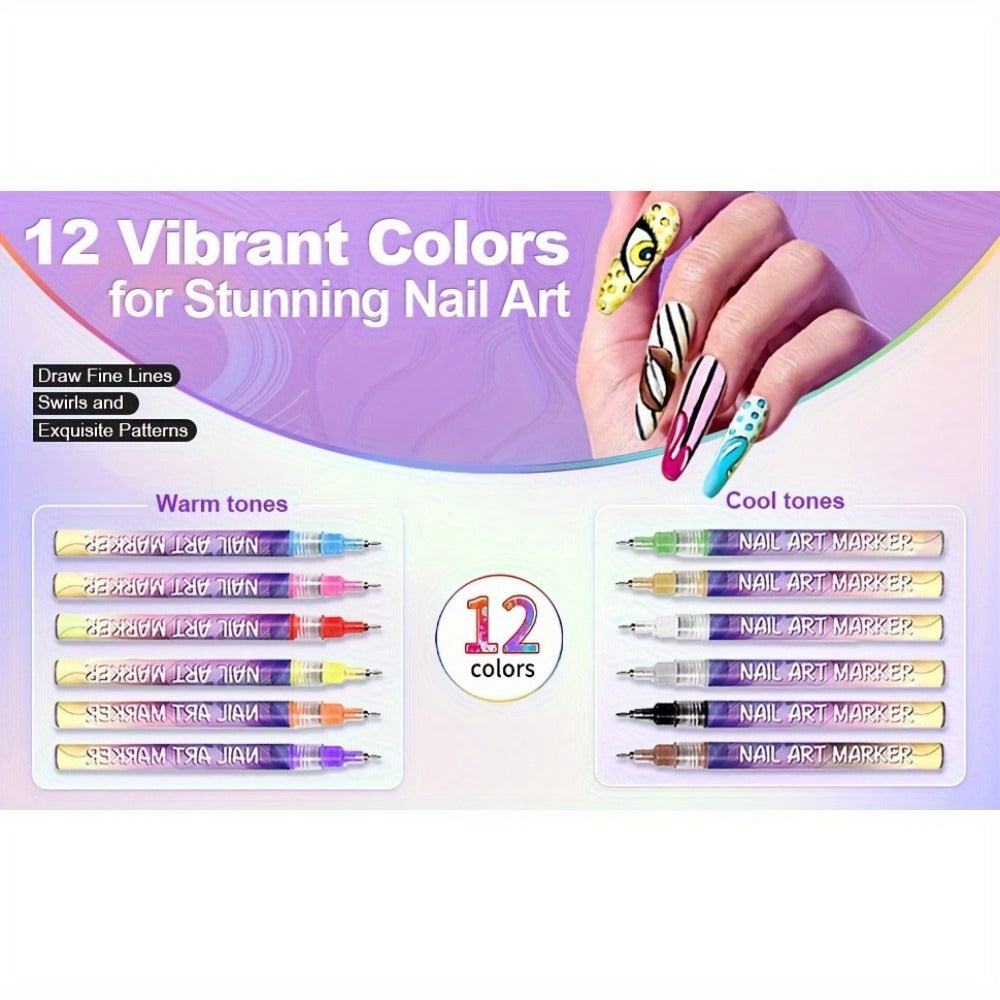Nail Art Pens 12 Colors Quick Dry 3D Graffiti & Detail Brush Set – Ultra-Fine Precision Drawing Pen Kit for DIY Nail Design —