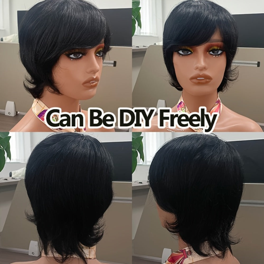 Wig Short Curly Wavy Pixie Bob in Natural Black, 6-Inch Human Hair with Bangs and Rose Net Cap — image 6