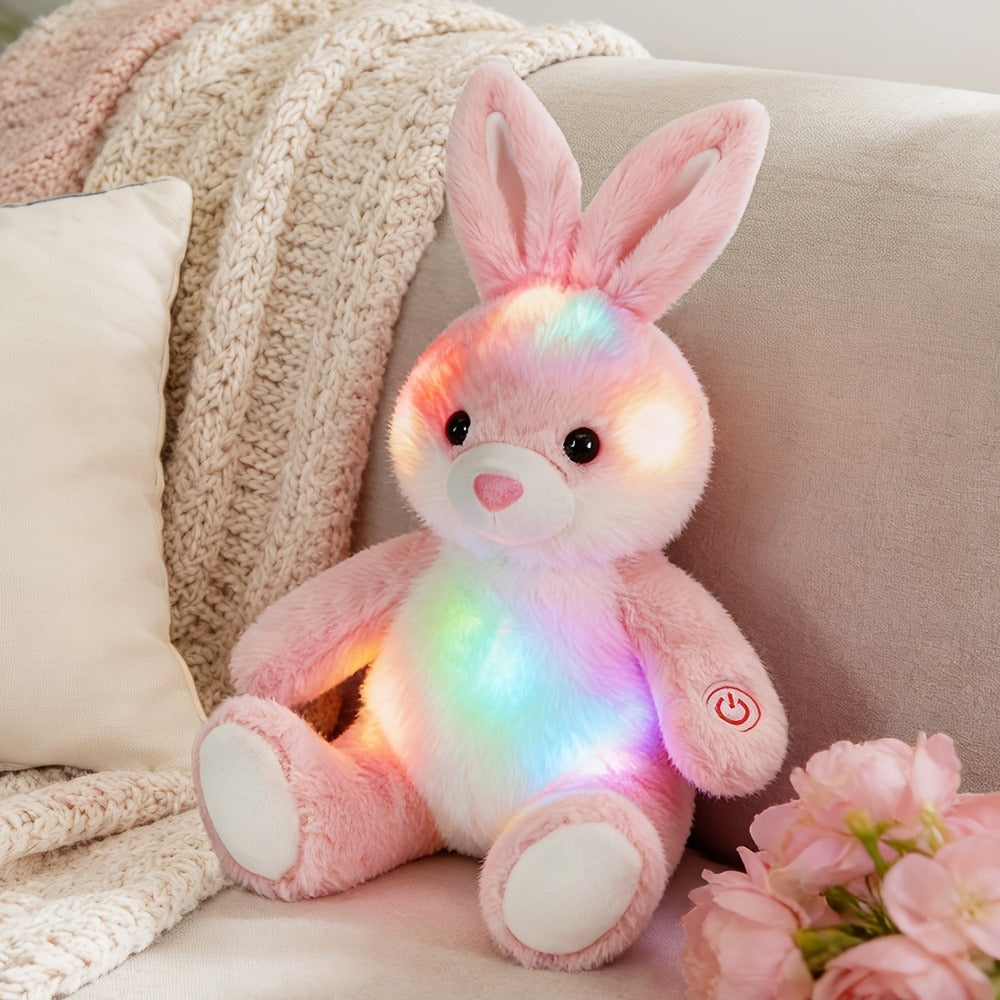 Plush Toy Light-Up Bunny in 8-Inch or 12-Inch Sizes with Pink Ears and Colorful LED Glow for Character Display, Room Decor an