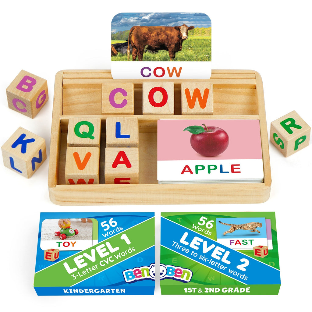Phonics Word Builder Kit 110+ CVC Flash Cards 10 Letter Blocks Wooden Tray Spelling Matching Game | Learn to Read Toy for Pre