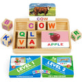 Phonics Word Builder Kit 110+ CVC Flash Cards 10 Letter Blocks Wooden Tray Spelling Matching Game | Learn to Read Toy for Pre