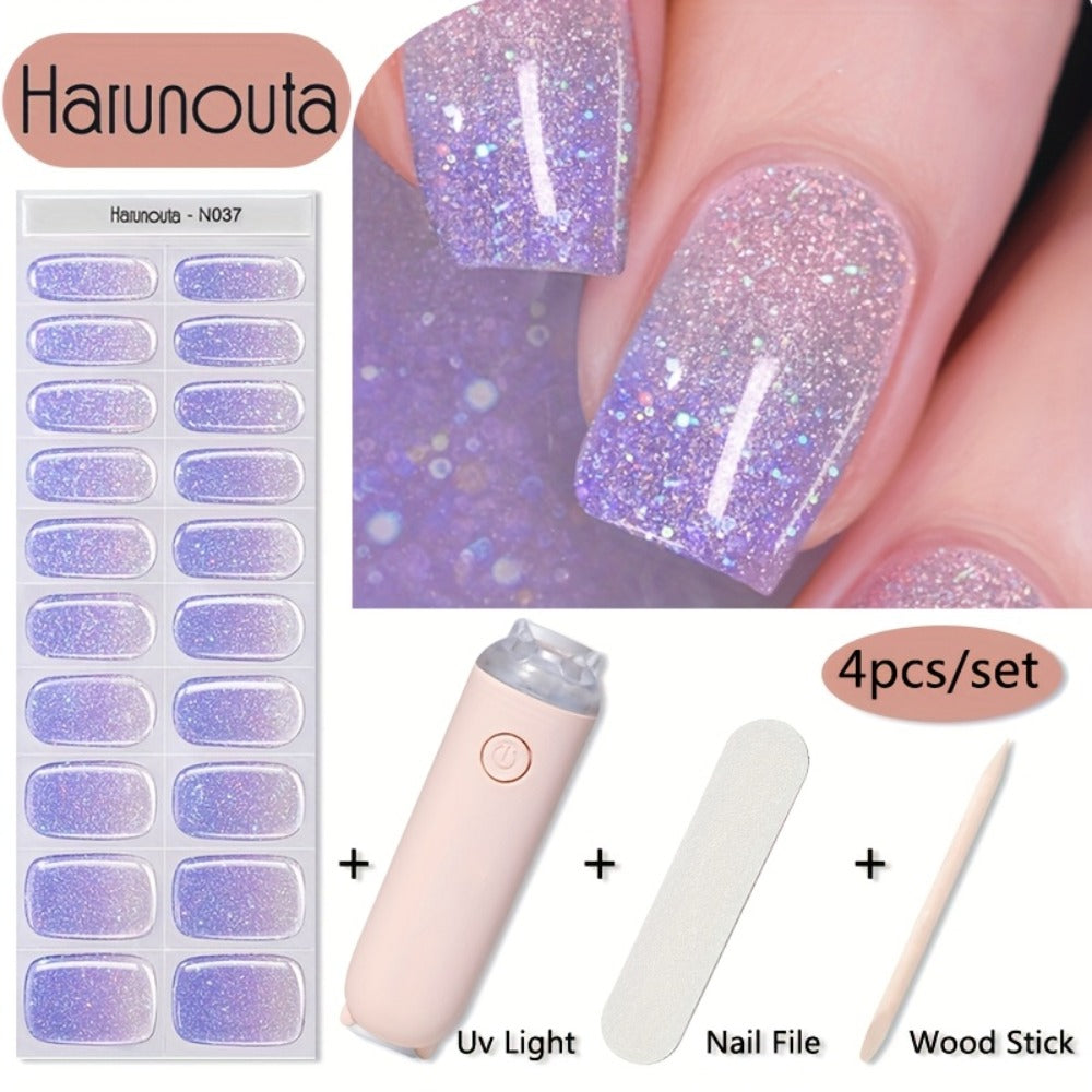 Semi Cured Gel Nail Strips Kit with Handheld LED Nail Lamp, 20 Real Gel Nail Stickers Wraps for DIY Nail Art — image 3
