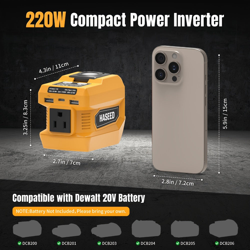 Portable Power Inverter 200W – DeWalt 20V Battery Compatible, DC to AC 110V, 2 USB + Type-C Fast Charging, 400LM Work Light, 