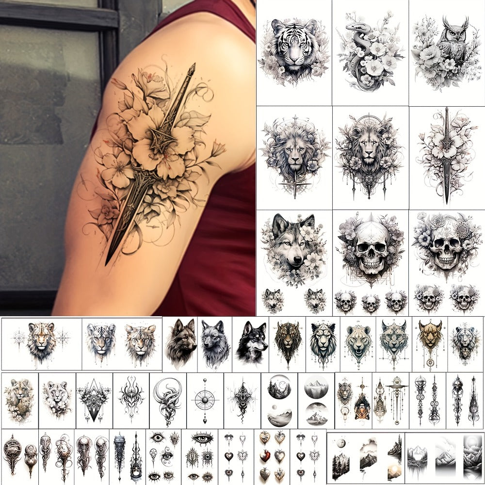 Temporary Tattoos, 44-Sheet Black Animal and Mountain Set with Wolf, Lion and Tiger Designs in Large and Small Sizes — image 
