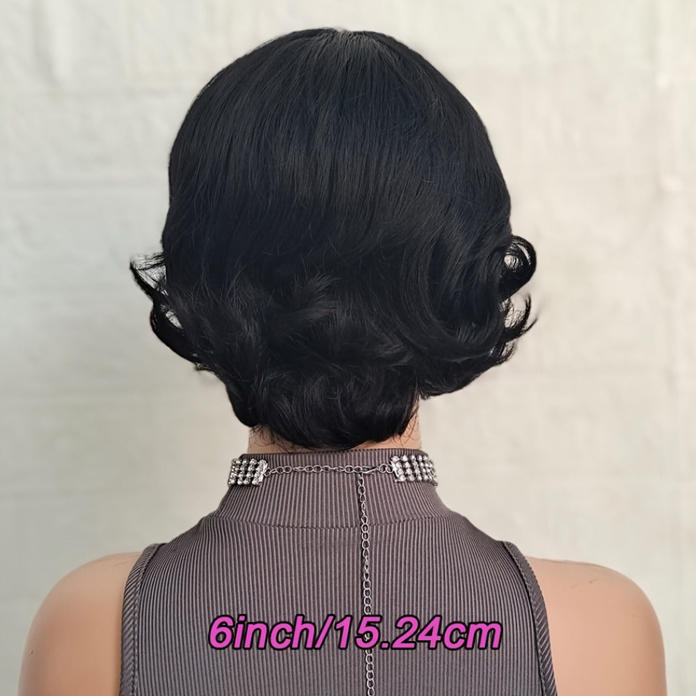 Pixie Cut Wig Human Hair with Bangs Glueless Short Brazilian Layered Machine Made Throw-On-and-Go Hairpiece Natural Black 1B 
