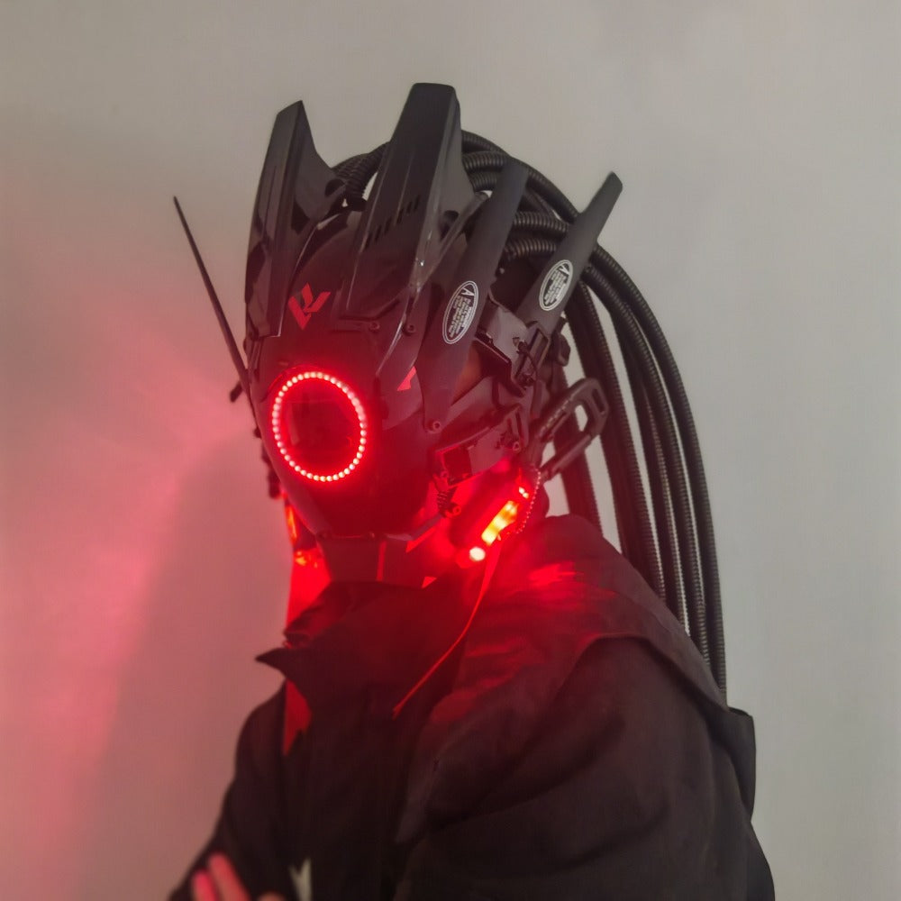 LED Braided Cyberpunk Costume Helmet with Circular Face Light and Blue, Green or Pink Accent Styles — image 16