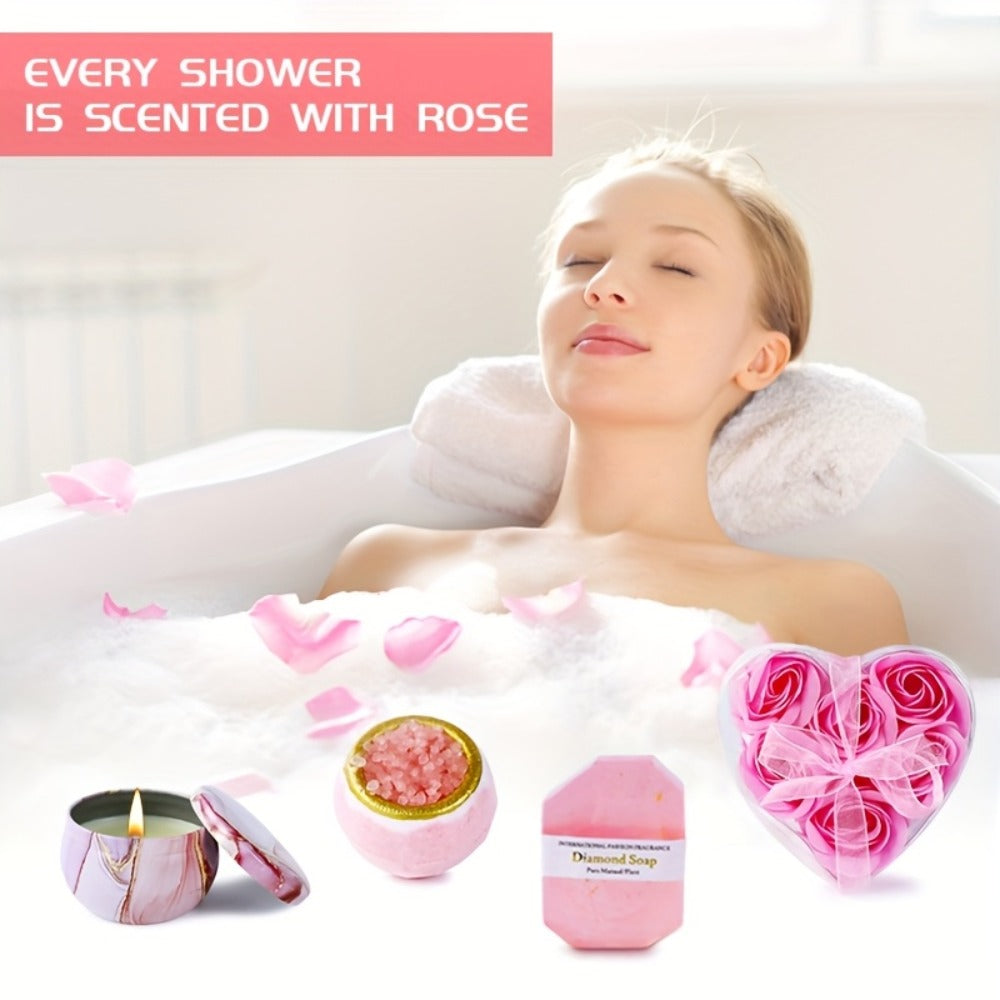Luxury Spa Gift Set for Women 10-Piece Rose Scented Candles Bath Salt Balls Dried Flowers Eye Mask Soap Blanket Socks Hair Ri