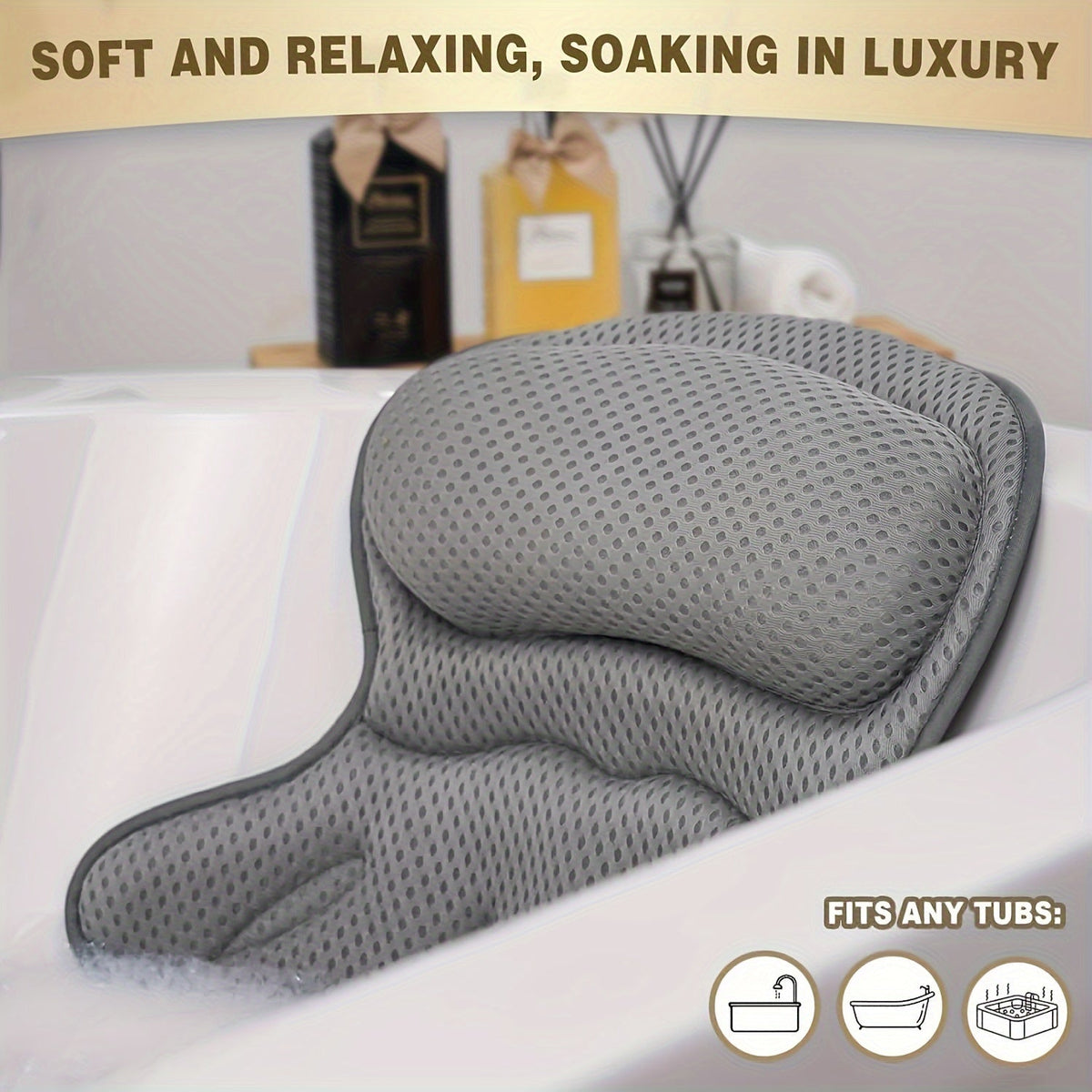 Contoured Bathtub Neck and Back Cushion with 4D Air Mesh, Suction Cups and White or Gray Finish — image 2