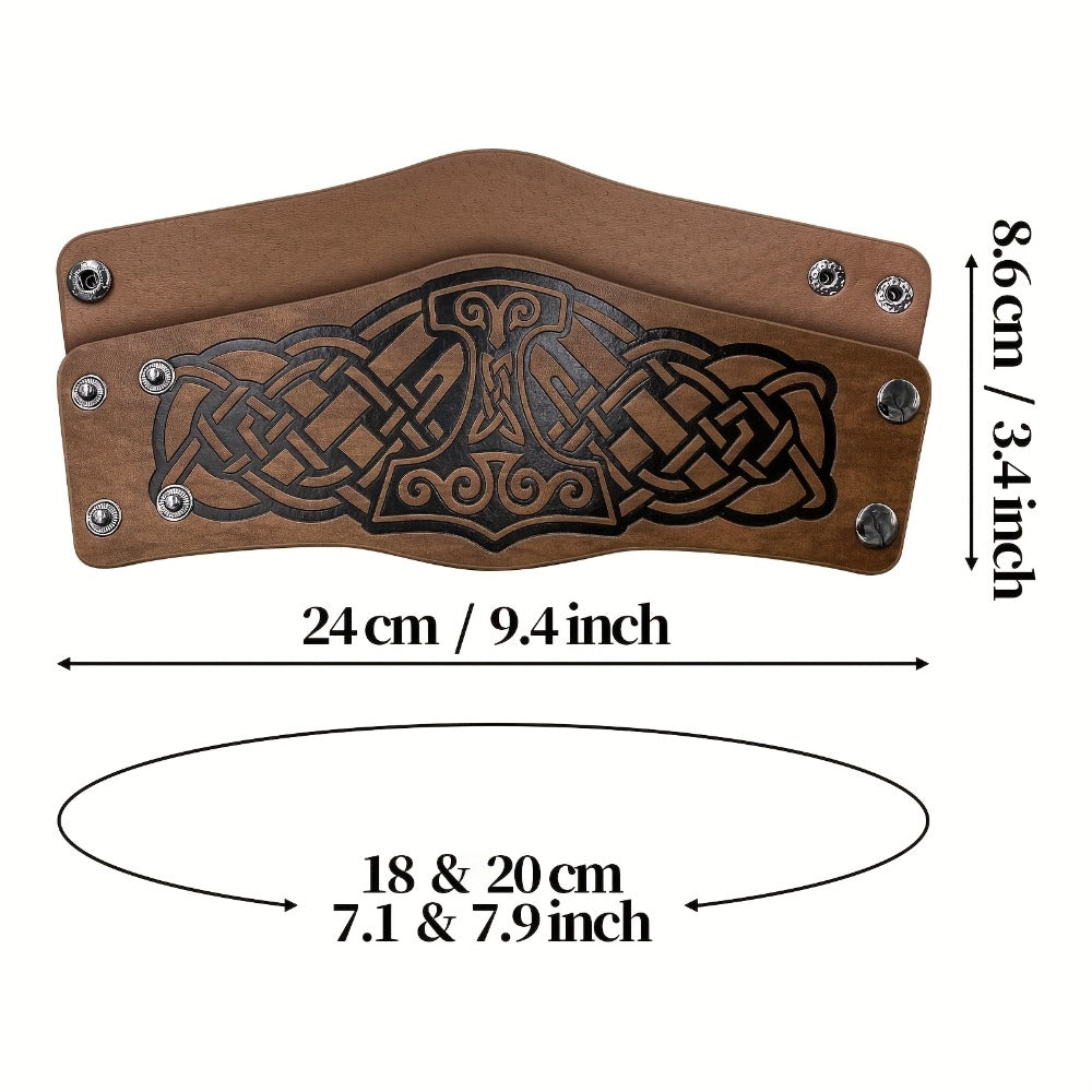 Viking Leather Cuff Bracelet Set 2pcs Norse Mythology Mjolnir Vegvisir Embossed Wristband for Men Women Halloween Gift — imag