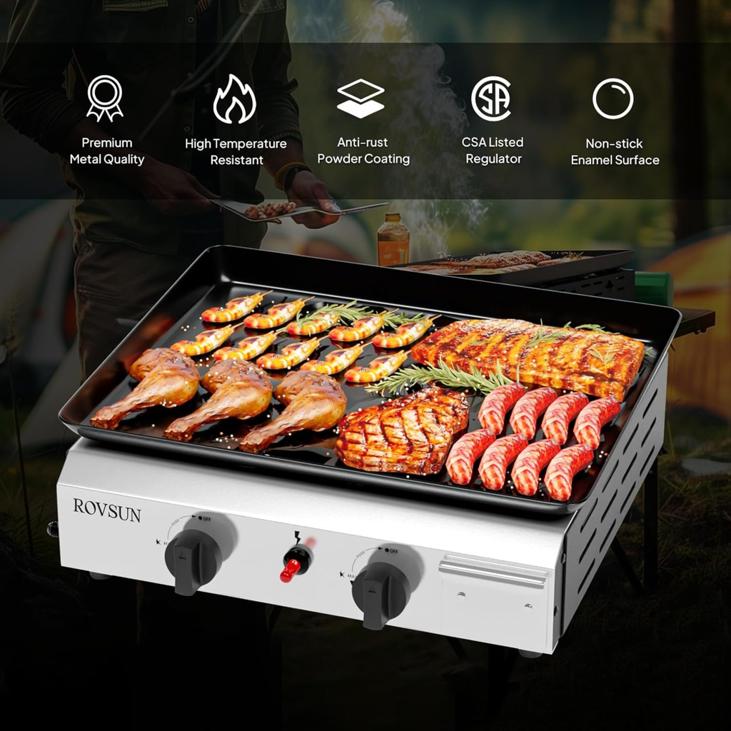 Flat Top Griddle Propane Tabletop 2 or 4 Burner, 20000 BTU Portable Gas Grill with Nonstick Enamel Tray — image 8