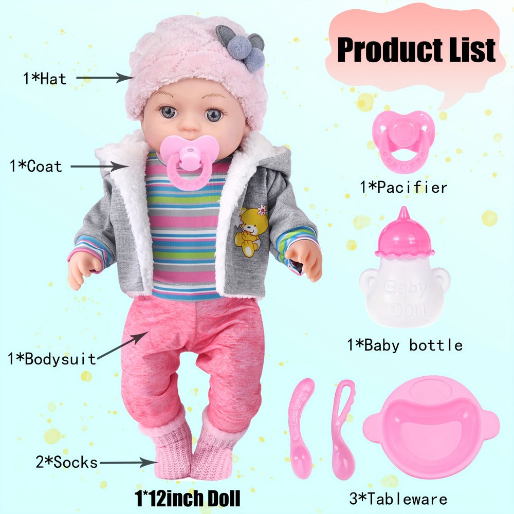Winter Outfit Baby Doll Set 12 Inch Plush Coat Movable Limbs Clothes Socks Pacifier Bottle Utensils Nurturing Play Gift for G